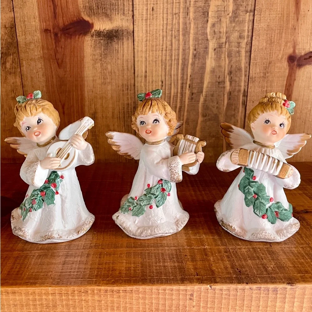 Homco Vintage Lot of 3 Christmas Angels w/ InstrumentsCeramic #5252 Holly Berry